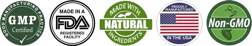 GMP Certified · FDA Registered Facility · 100% Natural · Made in USA · GMO Free